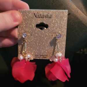 Nina Red Floral Pearl Drop Earrings